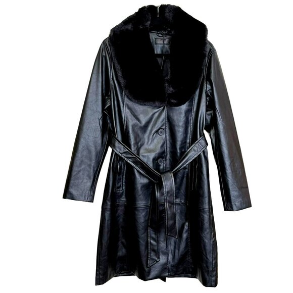 Revolve Blank NYC Black Fur Trench Coat Large Vegan Faux Leather Jacket NWT - Picture 6 of 11